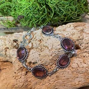 Sterling Silver Plated Toggle Bracelet with Imitation Amethyst Stones